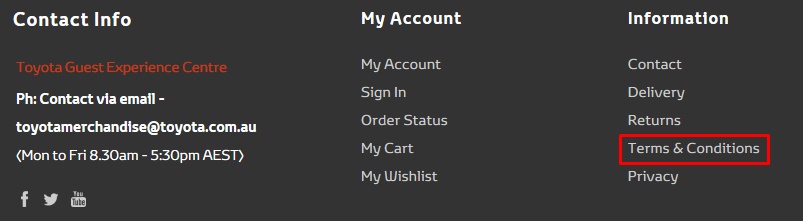 Toyota AU website: Screenshot of footer with Terms and Conditions highlighted