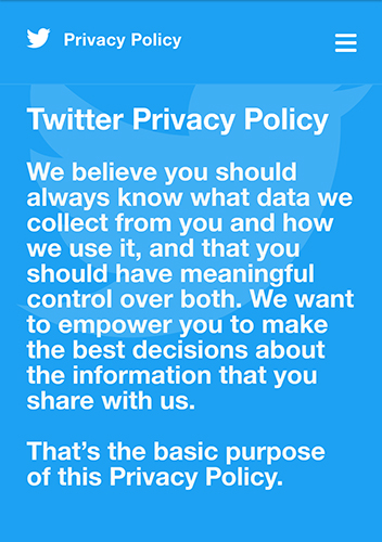 Screenshot of Twitter&#039;s mobile Privacy Policy intro