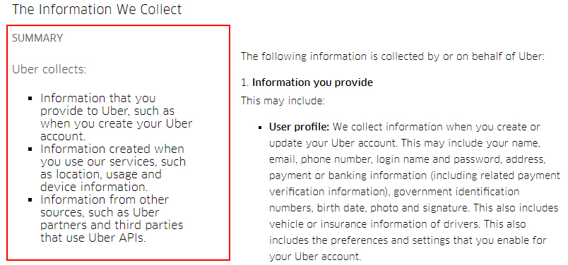 Uber Privacy Policy: Information We Collect clause summary highlighted