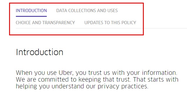 Uber Privacy Policy: Linked table of contents in header - highlighted