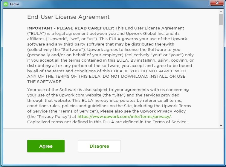 Upwork EULA scroll box with Agree and Disagree buttons