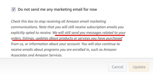 Amazon UK: Email marketing settings checkbox with disclaimer