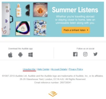 Audible email footer with unsubscribe link highlighted