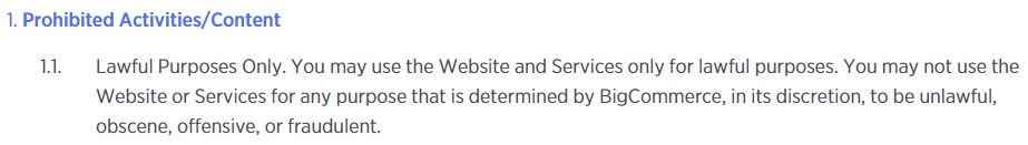 BigCommerce Acceptable Use Policy: Prohibited Activities/Content clause
