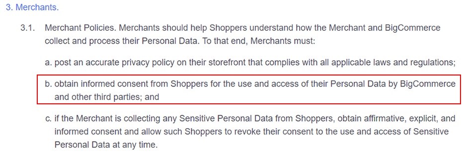 BigCommerce Privacy Policy: Merchants obtain informed consent clause