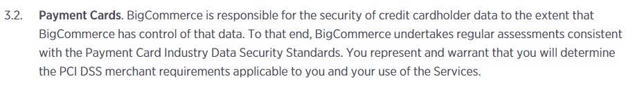 BigCommerce Terms of Service: Payment Cards clause