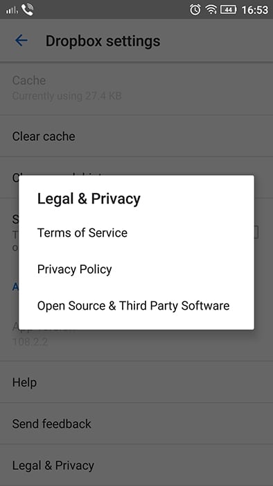 Dropbox Android mobile app: Legal and Privacy