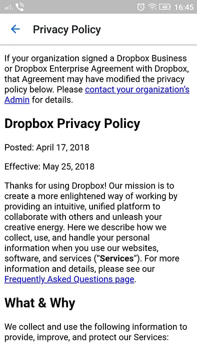 Dropbox Android mobile app: Screenshot of intro of Privacy Policy
