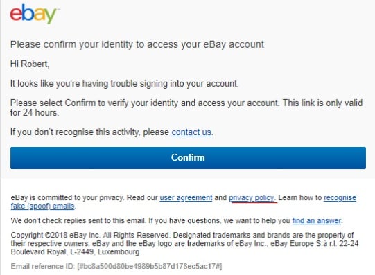 eBay email footer with Privacy Policy link highlighted