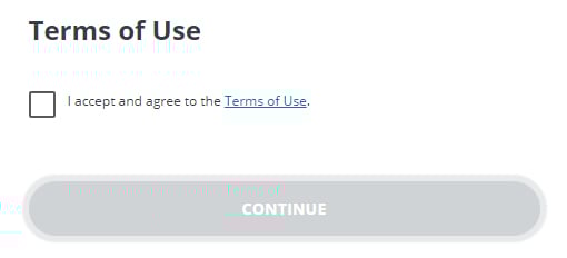 Equifax: Clickwrap checkbox and Continue button to accept and agree to Terms of Use - unchecked