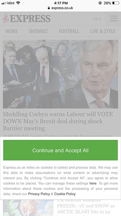 Express.co.uk: Privacy and Cookie notice mobile pop-up with Continue and Accept All button