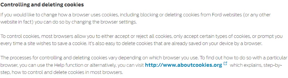 Ford UK Cookie Policy: Controlling and deleting cookies clause