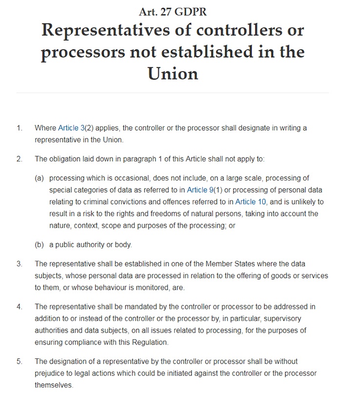 GDPR Info: Article 27: Representatives of controllers or processors not established in the Union: Full text