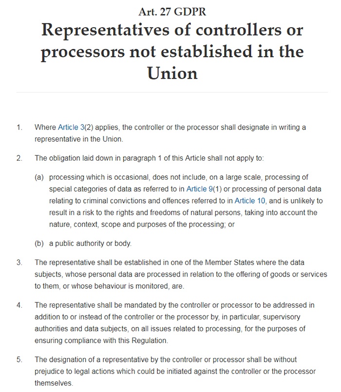 GDPR Info: Article 27: Representatives of controllers or processors not established in the Union: Full text