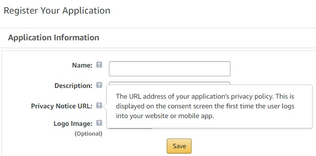 Login with Amazon: Register Your Application/Application Information - Privacy Notice URL definition