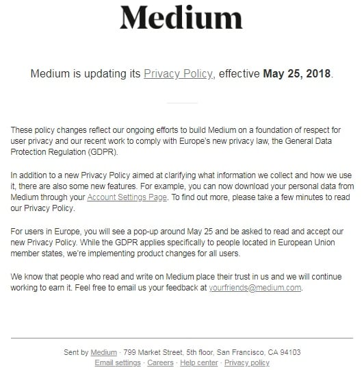 Screenshot of Medium&#039;s Privacy Policy update notification email