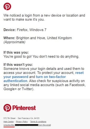 Pinterest UK mobile email alert for new device login security - screenshot