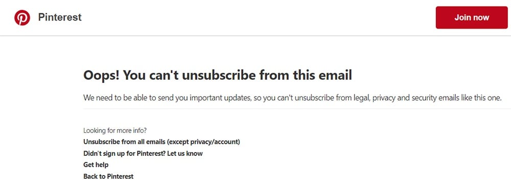 Pinterest UK: Transactional email unsubscribe link leads to a no-unsubscribe screen