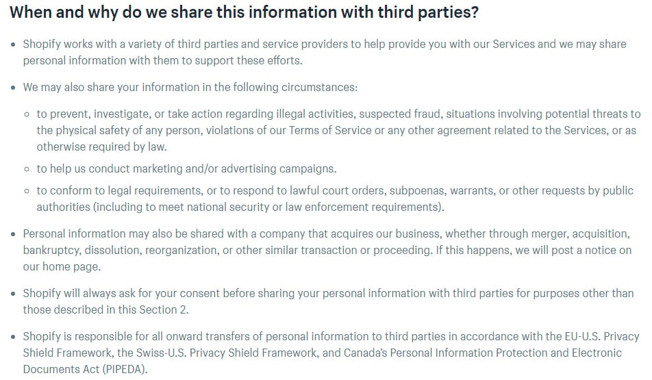 Shopify Privacy Policy: When and why do we share this information with third parties clause