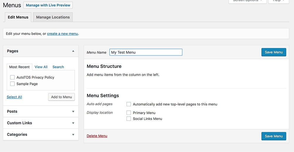 Screenshot of WordPress Menus page