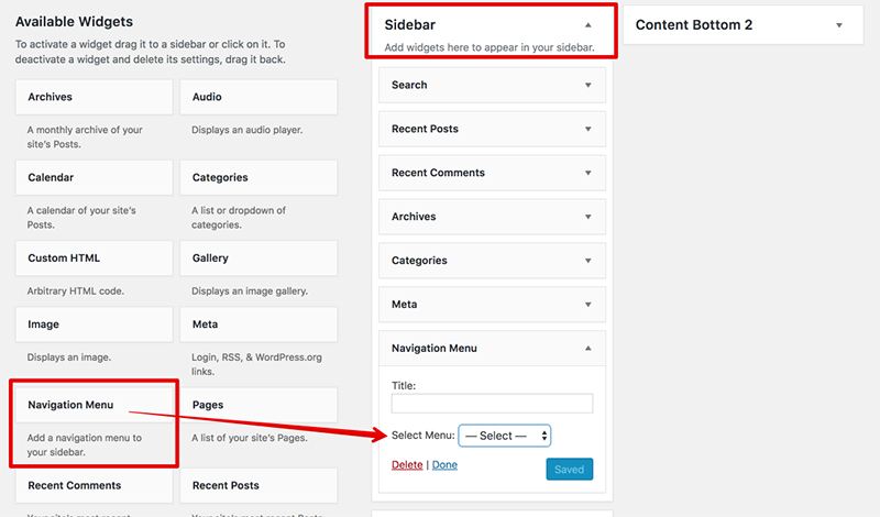 Screenshot of WordPress Widgets, Navigation Menu and Sidebar sections highlighted