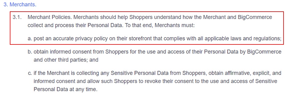 BigCommerce Privacy Policy: Merchants clause - highlighted