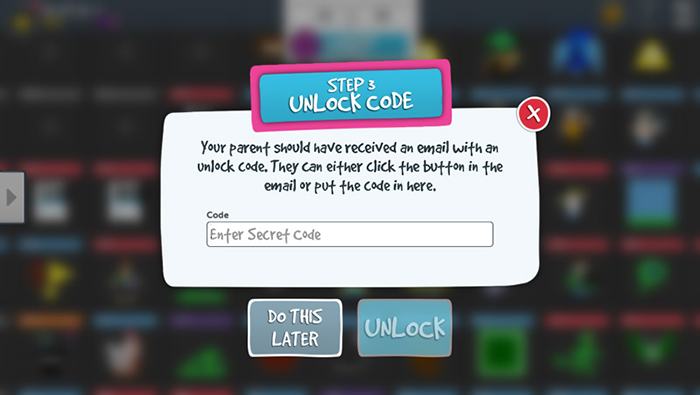 Bloxels Builder account registration: Screen for parent to enter unlock code to give consent