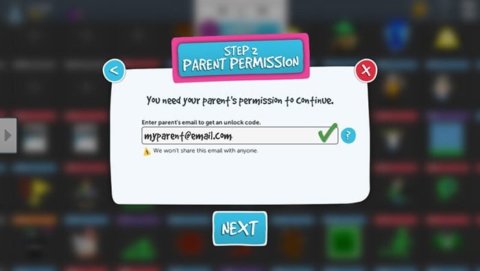 Bloxels Builder account registration screen for parent permission email