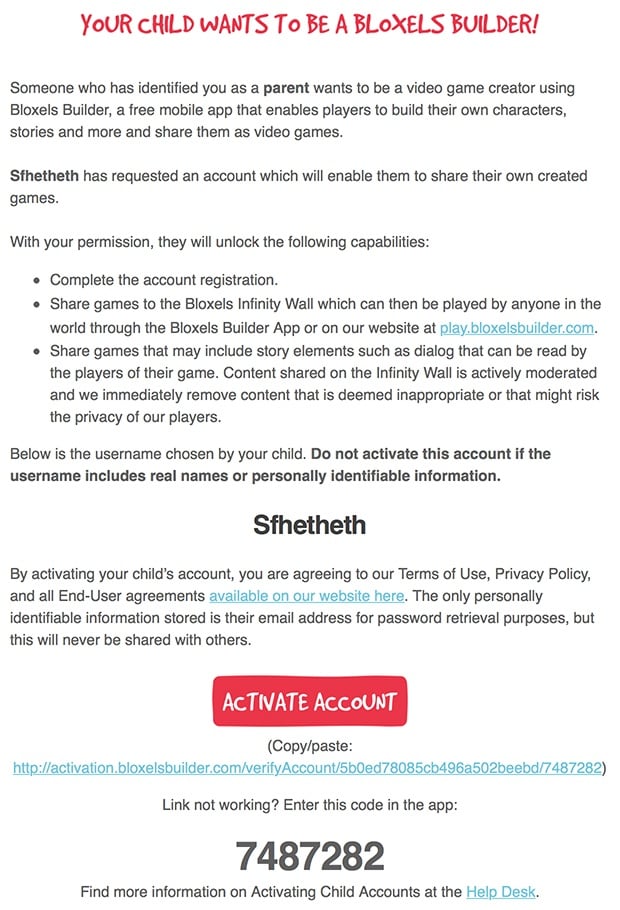 Bloxels Builder parental consent email to activate account