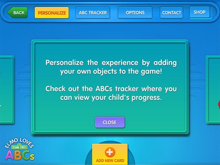 Elmo ABCs game app: Parental control screen