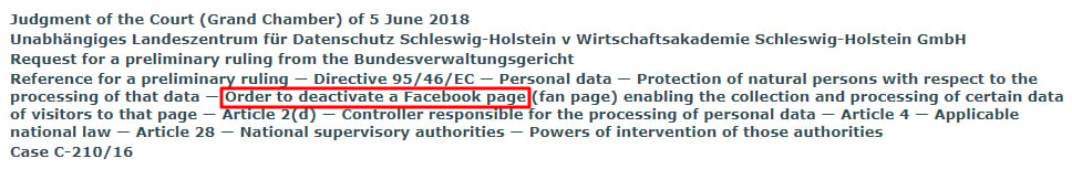 Screenshot of excerpt of InfoCuria Wirtschaftsakademie Schleswig-Holstein case judgment