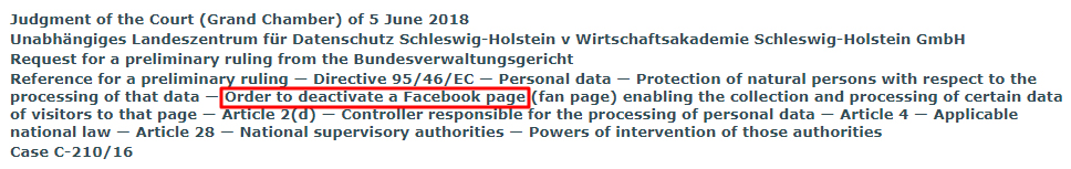 Screenshot of excerpt of InfoCuria Wirtschaftsakademie Schleswig-Holstein case judgment