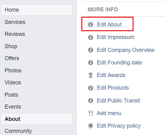 Screenshot of Facebook Page dashboard with Edit About highlighted