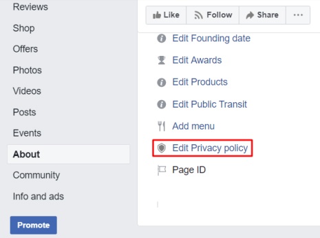 Screenshot of Facebook Page dashboard with Edit Privacy Policy highlighted