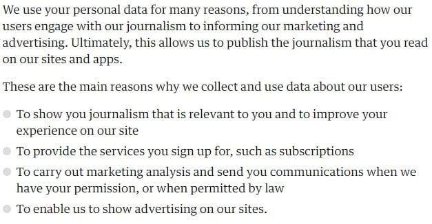 The Guardian Privacy Policy: Excerpt of intro