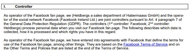 Heldburg&#039;s Privacy Statement - Facebook Fan Page: Controller clause