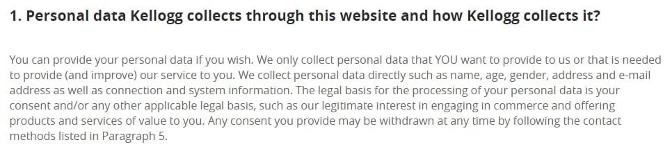 Kellogg UK Privacy Policy: Personal data Kellogg collects and how clause excerpt with legal basis information