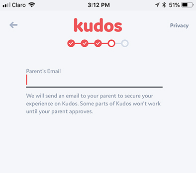 Kudos mobile app: Registration screen requesting parent&#039;s email for consent - COPPA