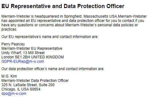 Merriam-Webster Privacy Policy: EU Representative and Data Protection Officer contact details clause