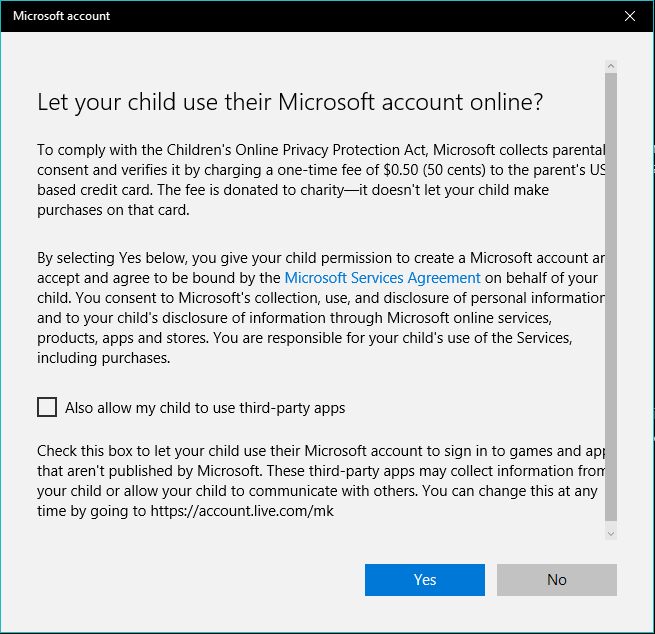 Microsoft parental consent verification form with checkbox for third party apps - COPPA