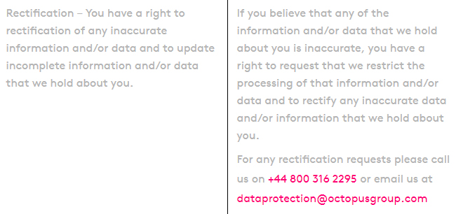 Octopus Ventures Privacy Policy: Screenshot of Your rights chart Rectification excerpt