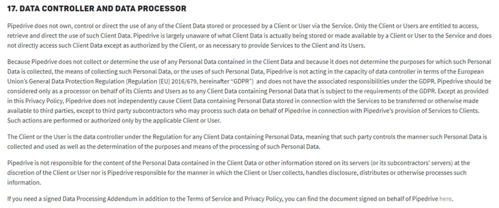 Pipedrive Privacy Policy: Data Controller and Data Processor clause