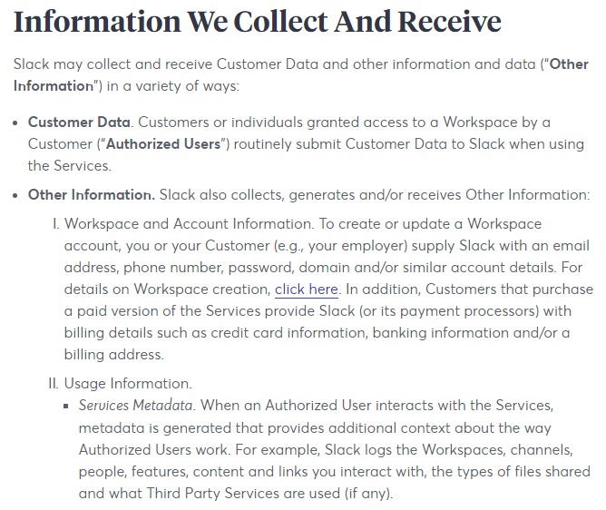 Slack Privacy Policy: Excerpt of Information We Collect and Receive clause