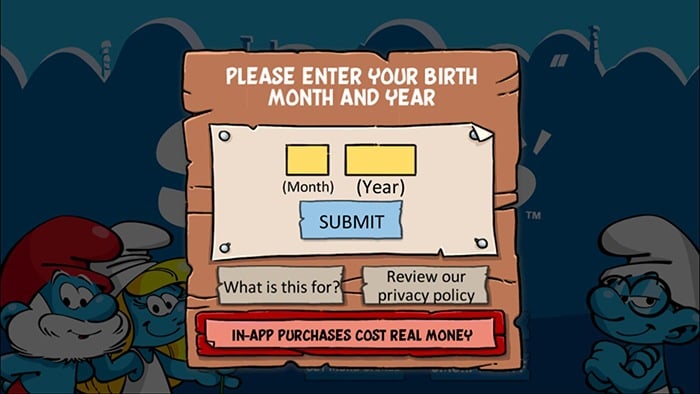 Screenshot of Smurf Village app registration form with age gate for children
