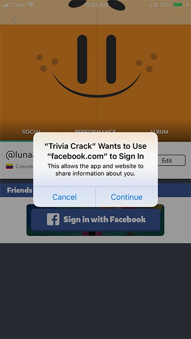 Trivia Crack app: Screenshot of mobile sign-in with Facebook pop-up