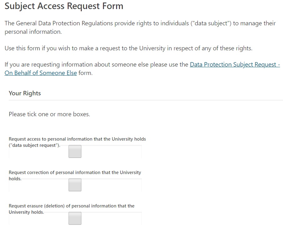 Screenshot of excerpt from University of Southampton UK Subject Access Request form - GDPR