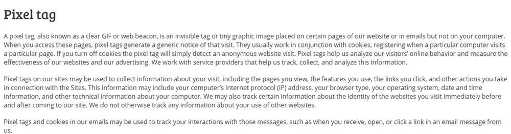 Vistage Privacy Policy: Pixel tag clause