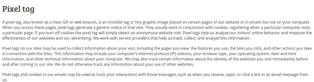 Vistage Privacy Policy: Pixel tag clause