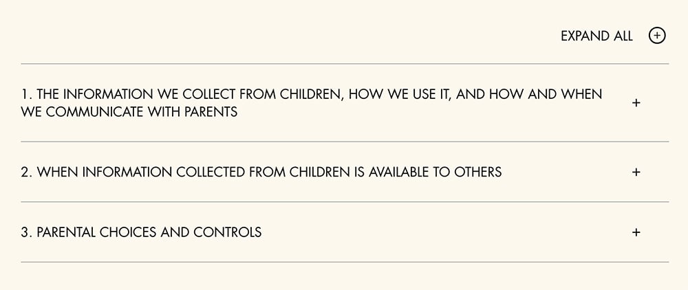 Walt Disney Children&#039;s Privacy Policy: sections menu