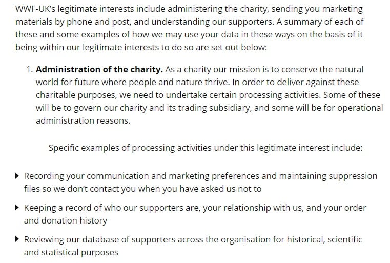 WWF UK Privacy Policy: Legal Basis for Processing Data - Legitimate Interests clause excerpt